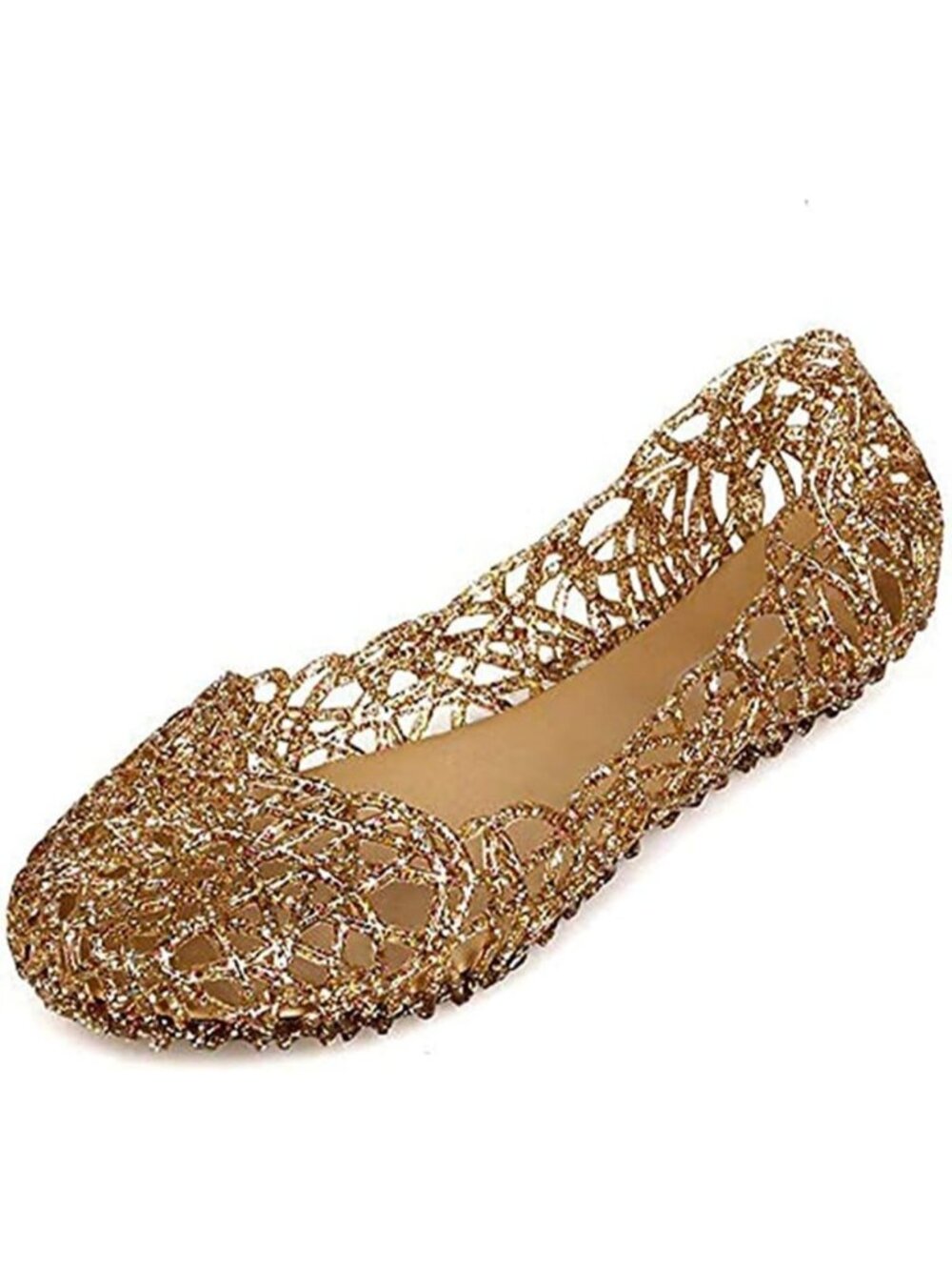 Women's Gold Polyvinyl Chloride Flat Jelly Sandals Slip On Hollow Loafer Shoes